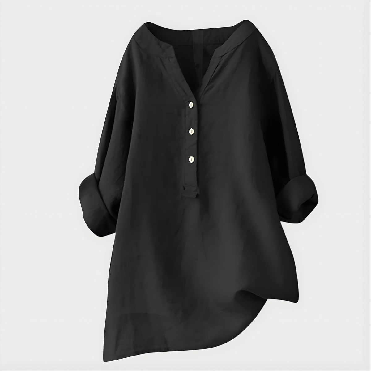 Band Collar Half Button Roll Sleeve Linen Blouse 6