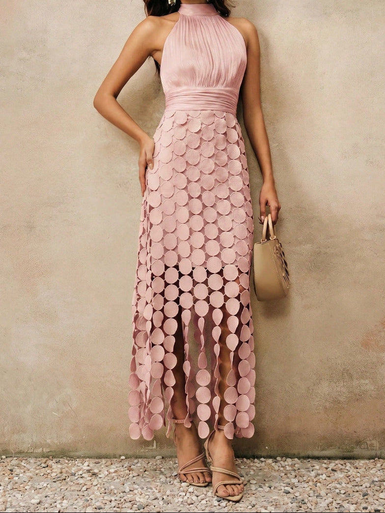 Halter Neck Ruched Disc Cut Out Fringe Hem Maxi Dress 5