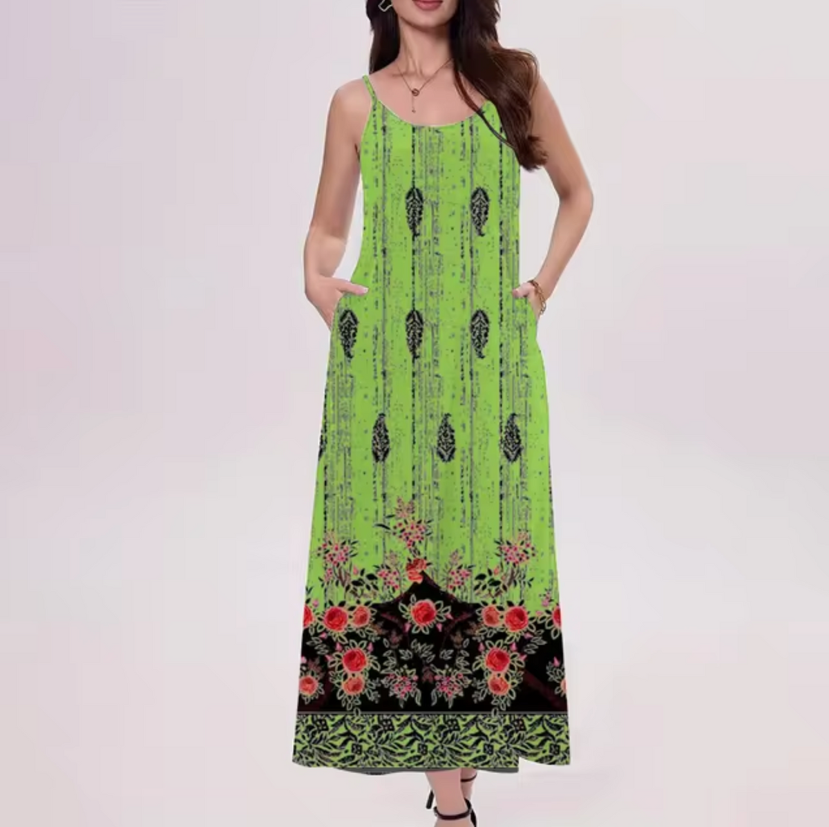 Floral Border Print Spaghetti Strap Scoop Neck A-Line Maxi Dress - View 5