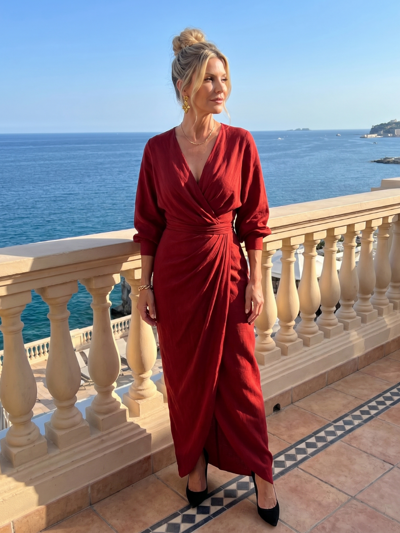 Wrap V-Neck Long Sleeve Ruched Draped Maxi Dress 8
