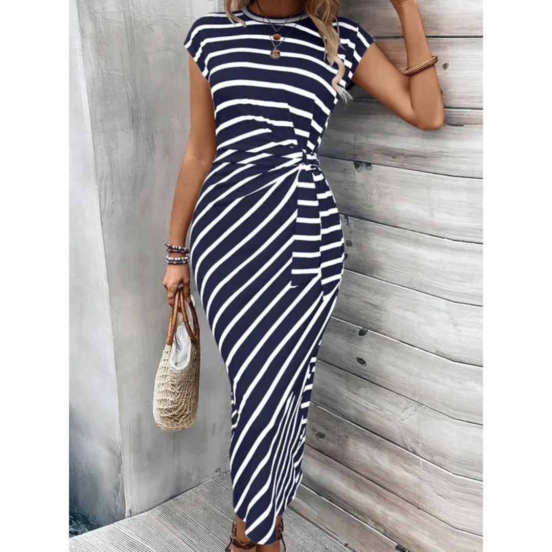 Striped Cap Sleeve Twist Front Bodycon Midi Dress 5