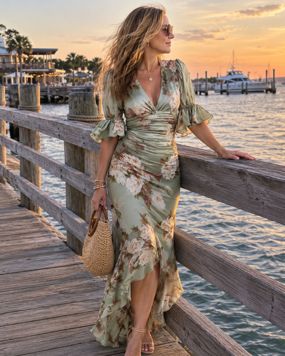 Floral Deep V-Neck Ruffle Sleeve Ruched High Low Satin Maxi Dress 2