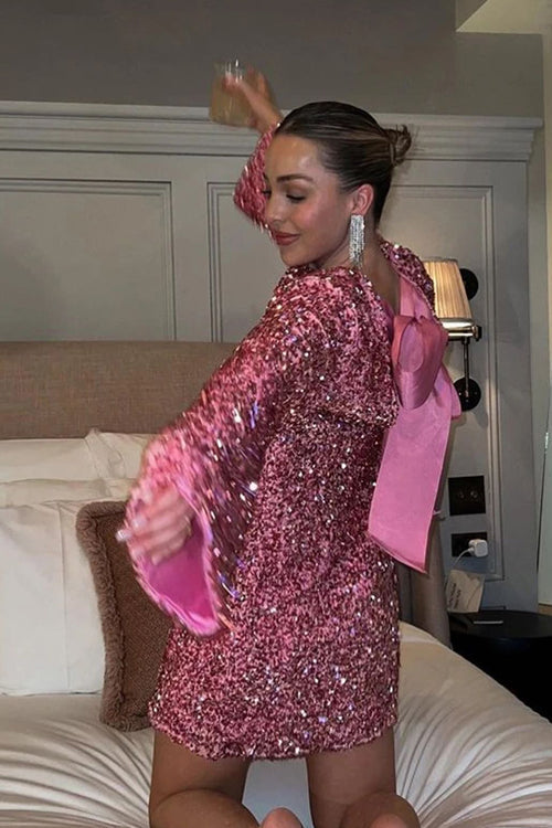 Sequin Long Sleeve Open Back Bow Tie Mini Dress - View 2