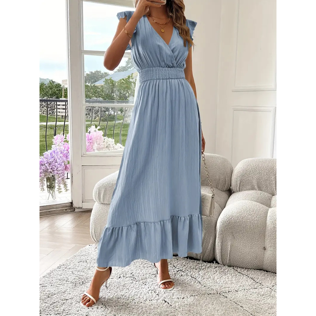 V-Neck Flutter Sleeve Shirred Waist Tiered Maxi Dress 5