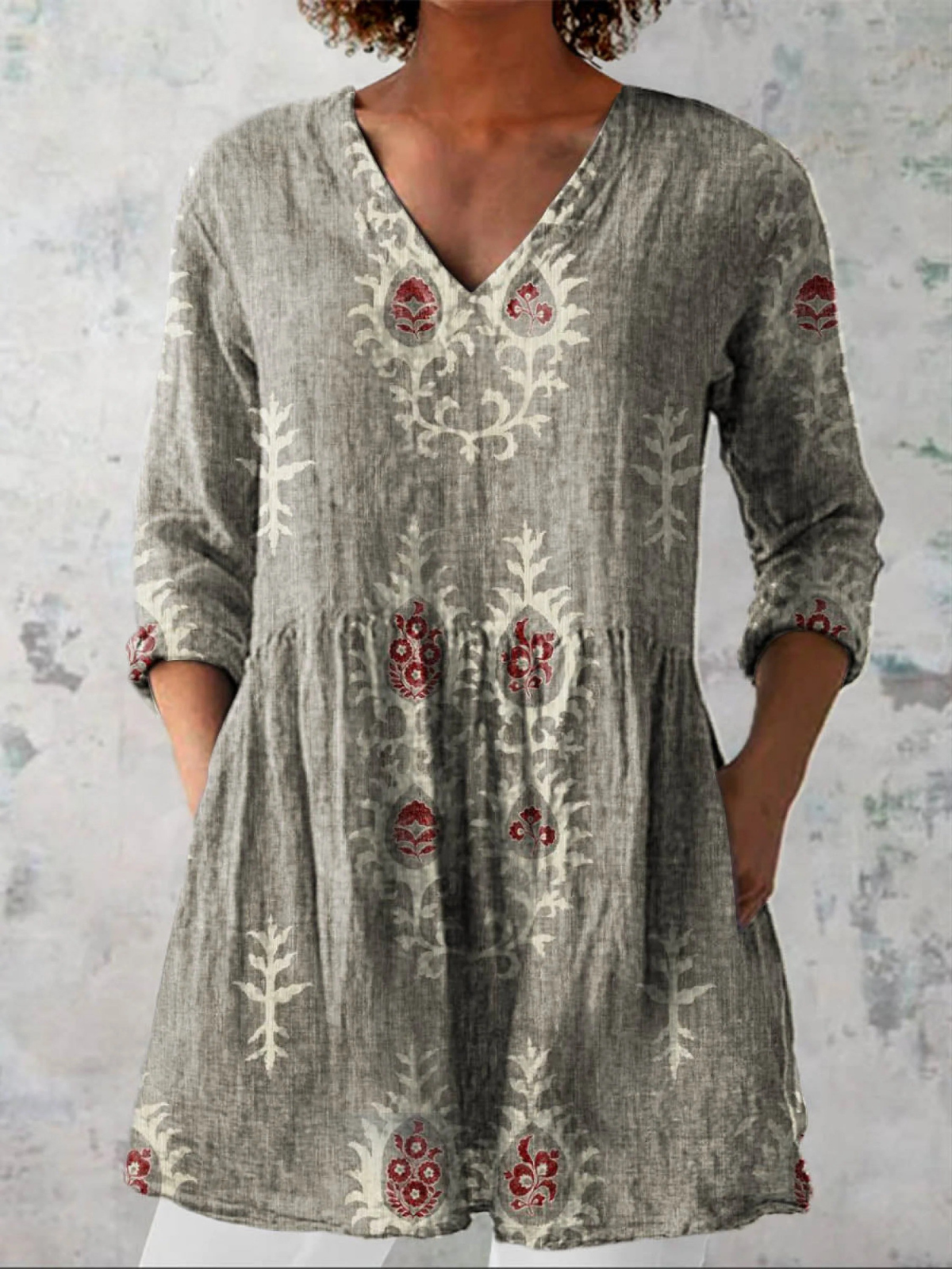 Floral Print V-Neck Long Sleeve Peplum Tunic Top 6