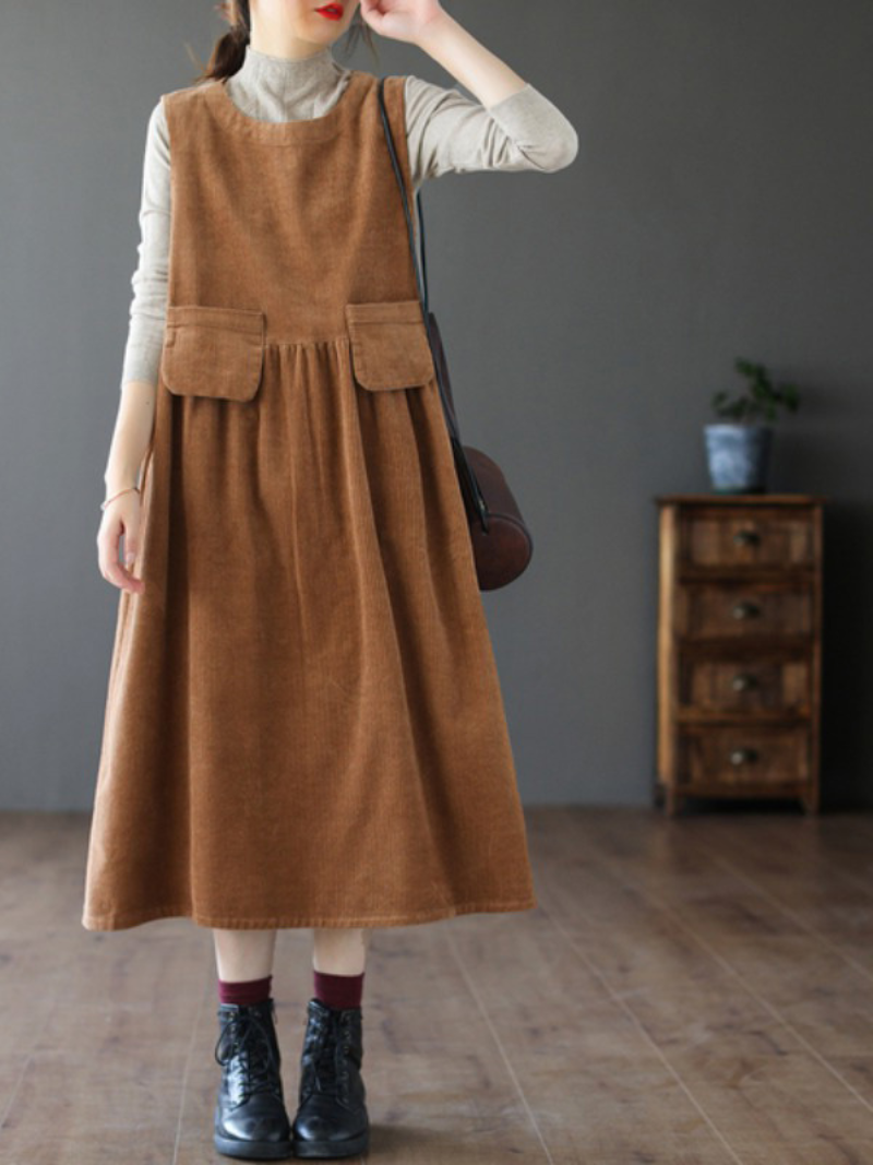 Sleeveless Thin Line Loose Striped Velvet Mid-Length A-Line Dress