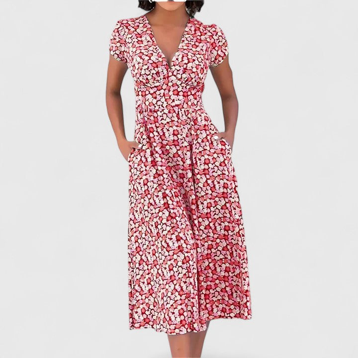 Ditsy Floral V-Neck Short Sleeve Pocket Midi Dress 4