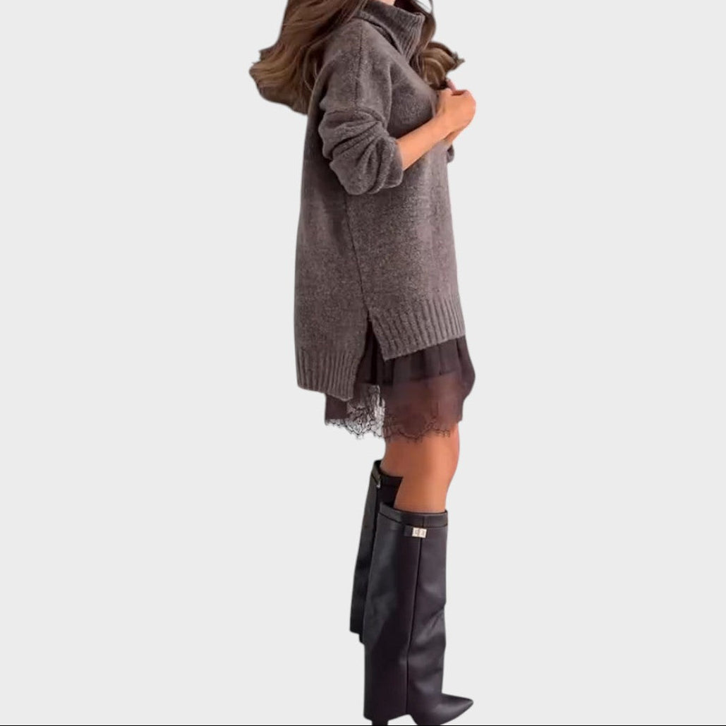 Turtleneck Oversized Sweater and Lace Slip Dress Two Piece Set 8