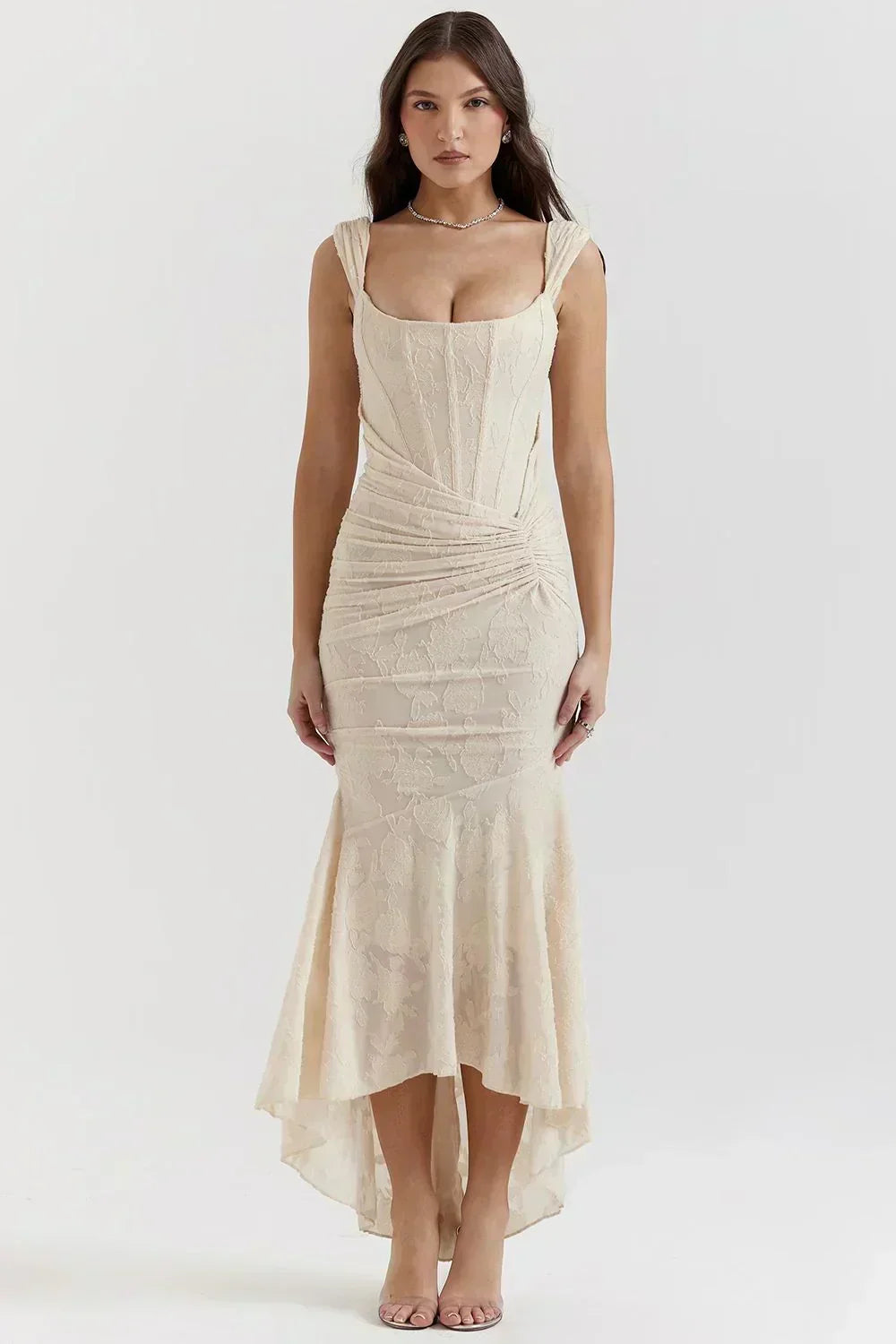 Square Neck Corset High Low Mermaid Maxi Dress 8