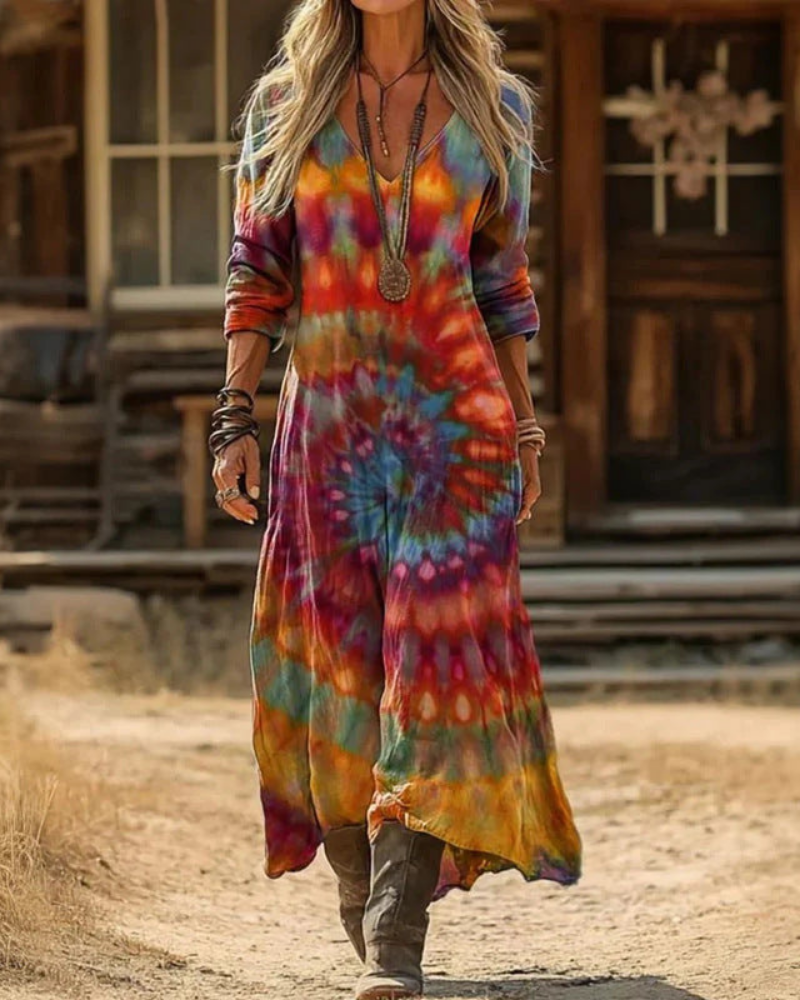 Embroidered V-Neck Long Sleeve A-Line Maxi Dress 5