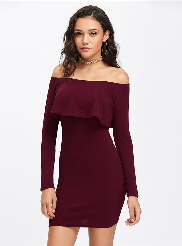 Off Shoulder Ruffle Long Sleeve Bodycon Mini Dress 5