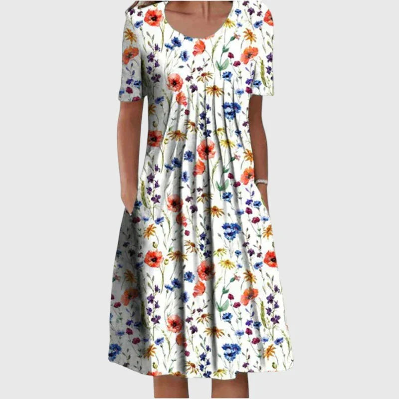 Floral Print Round Neck Short Sleeve Pocket Midi Dress 4