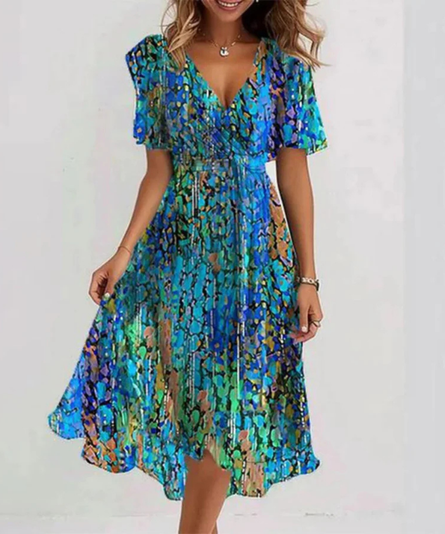 Floral V-Neck Flutter Sleeve Wrap High Low Midi Dress 5