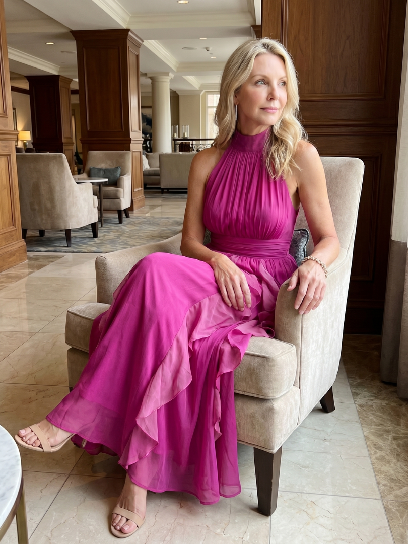 Halter Neck Ruched Cascade Ruffle Chiffon Maxi Dress 5