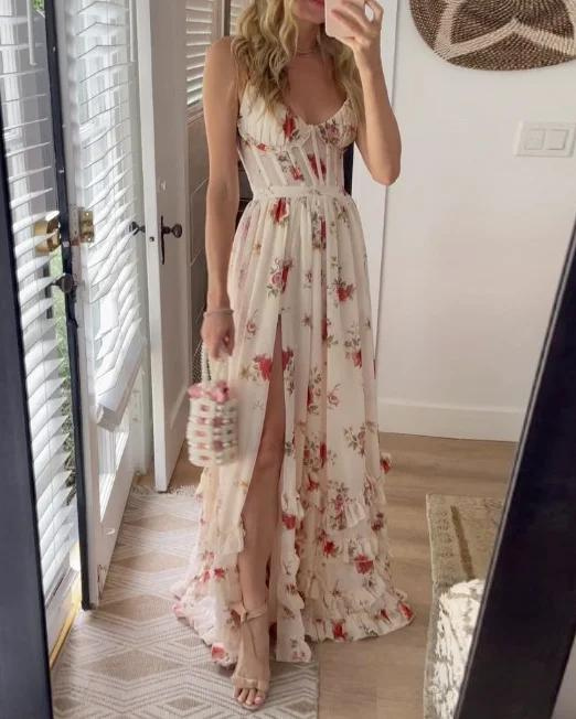 Floral Print Spaghetti Strap Sweetheart Corset Bodice Midi Dress - View 3