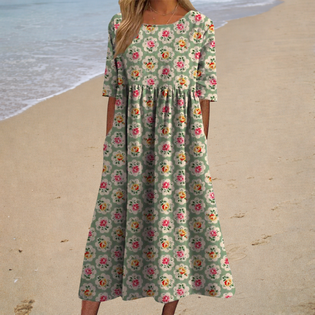 Rose Floral Print Round Neck Half Sleeve Pocket Maxi Dress 2
