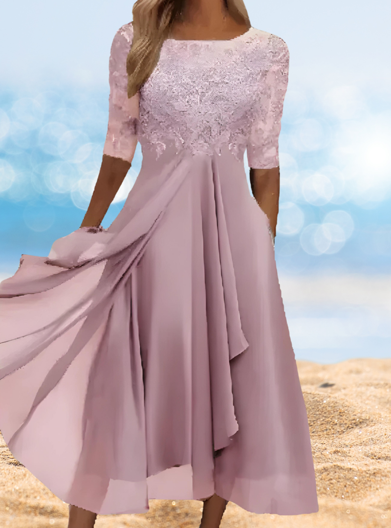 Lace Illusion Neck Elbow Sleeve Bodice Pocket A-Line Midi Dress - View 5