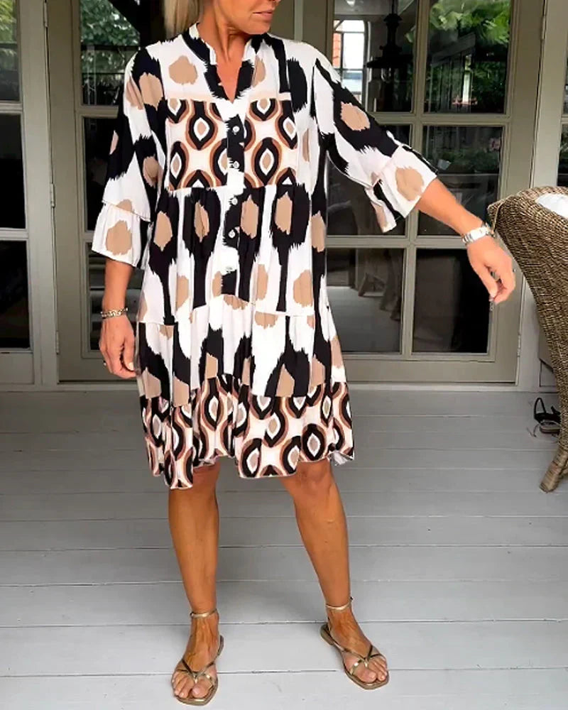 Abstract Geometric Print V-Neck Button Front Tiered Midi Dress - View 6