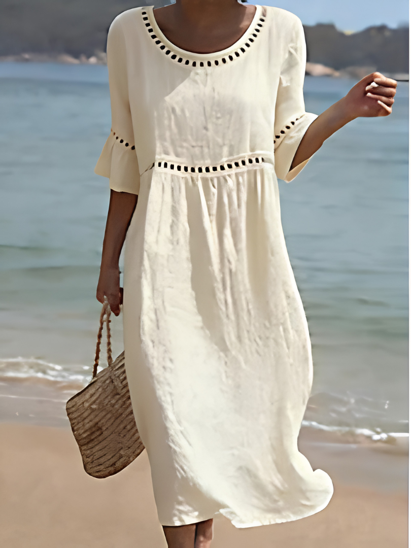 Round Neck Crochet Trim Flare Sleeve Beach Midi Dress 4