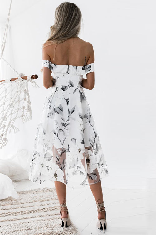 Tulle Floral Embroidered Off Shoulder Midi Dress - View 5