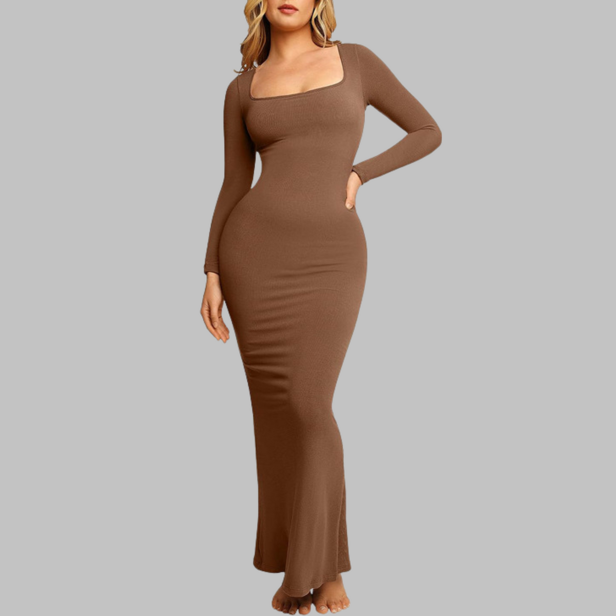 Ribbed Knit Square Neck Long Sleeve Bodycon Maxi Dress 3