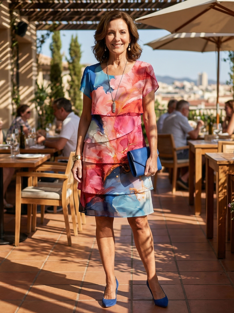 Round Neck Short Sleeve Abstract Print Tiered Knee Length Dress 5