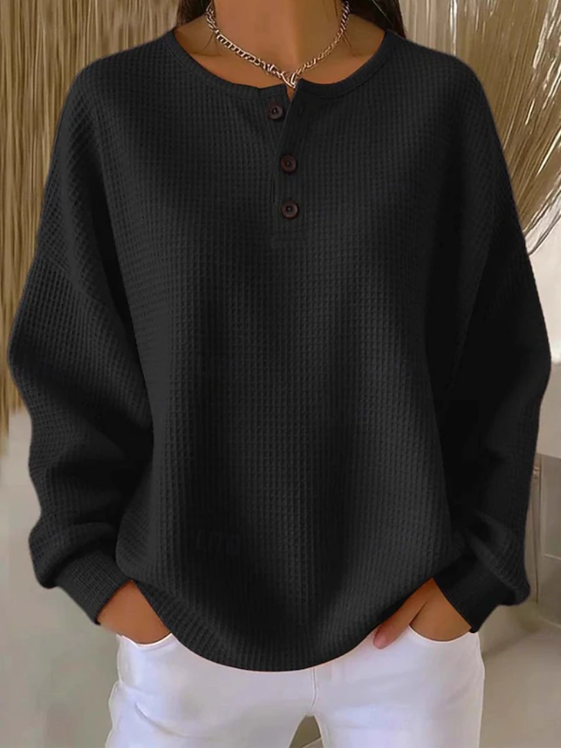 Waffle Knit Button Placket Long Sleeve Henley Top 5