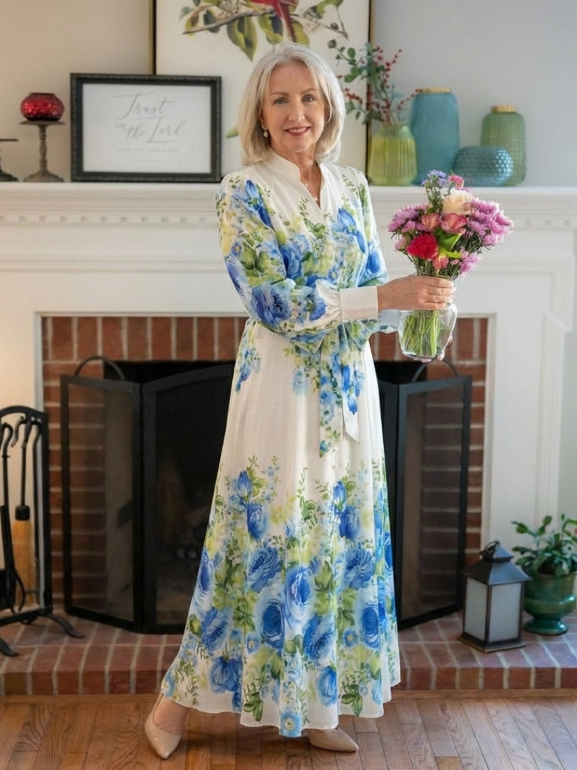 Floral Band Collar Long Sleeve Button Front Belted Maxi Dress 5