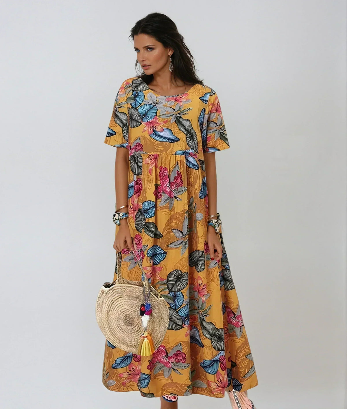 Tropical Floral Round Neck Short Sleeve Maxi Dress 5