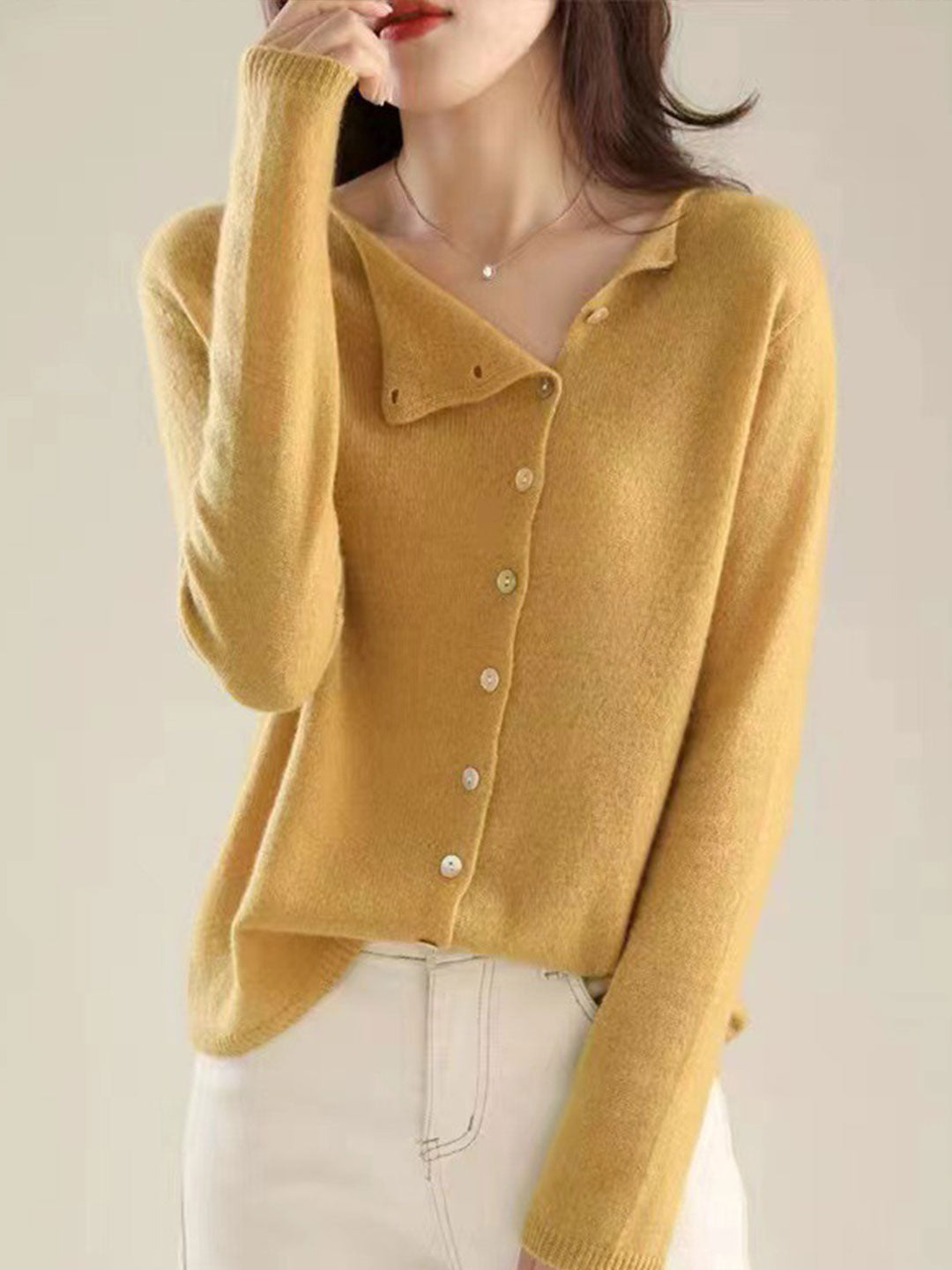 Fold Over Collar Button Front Knit Cardigan