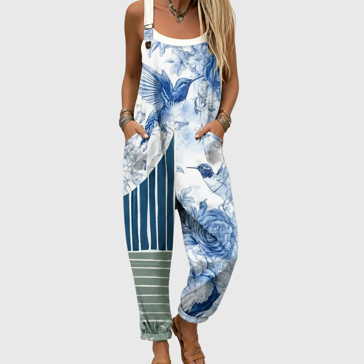 Hummingbird Floral Sleeveless Pocket Overall Jumpsuit
