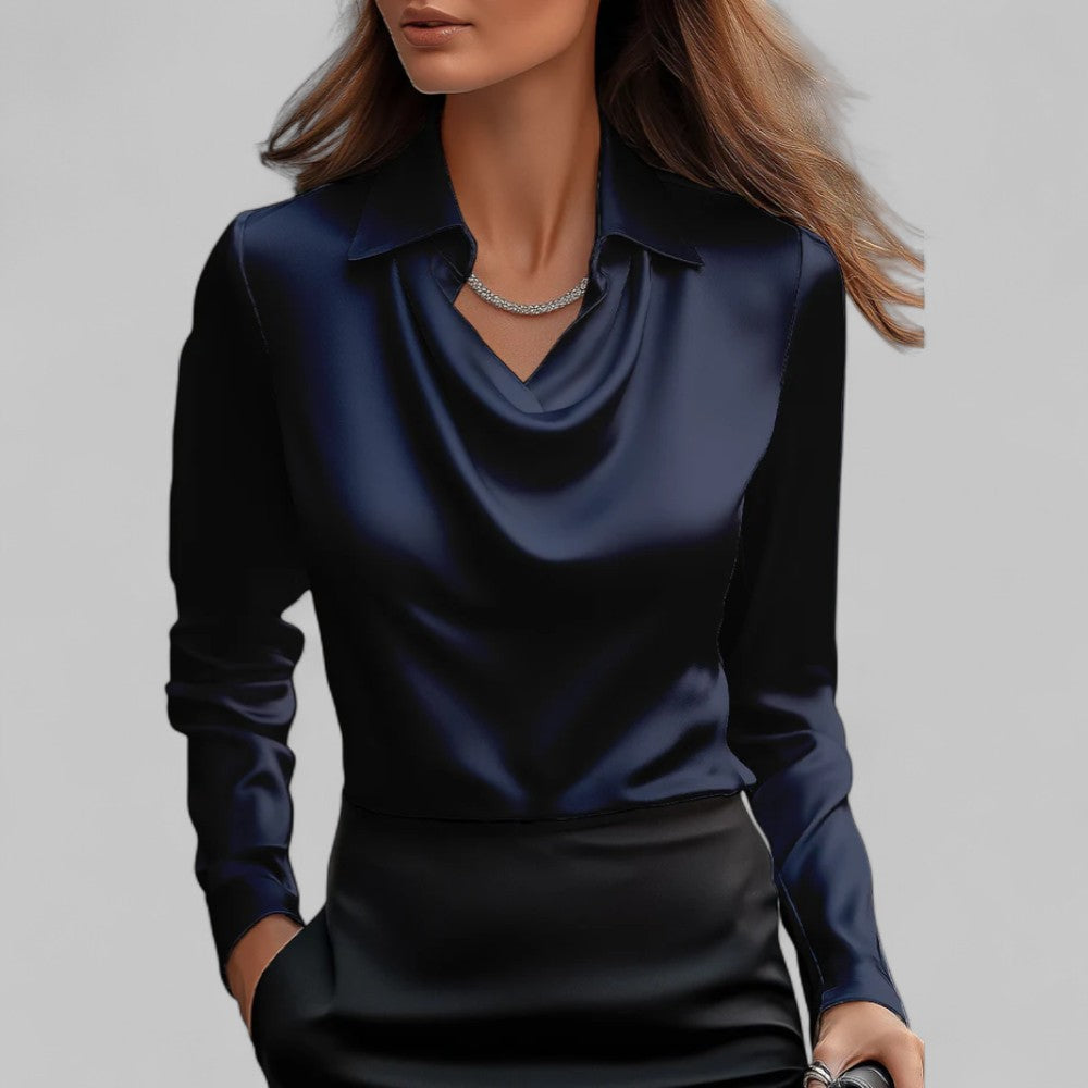 Draped Cowl Neck Long Sleeve Satin Blouse 11