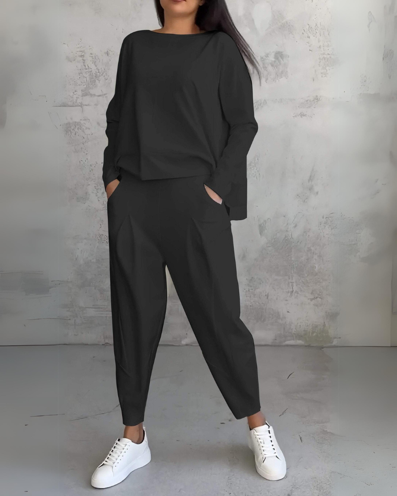Boat Neck Long Sleeve Top and Tapered Pants Two Piece Lounge Set 2
