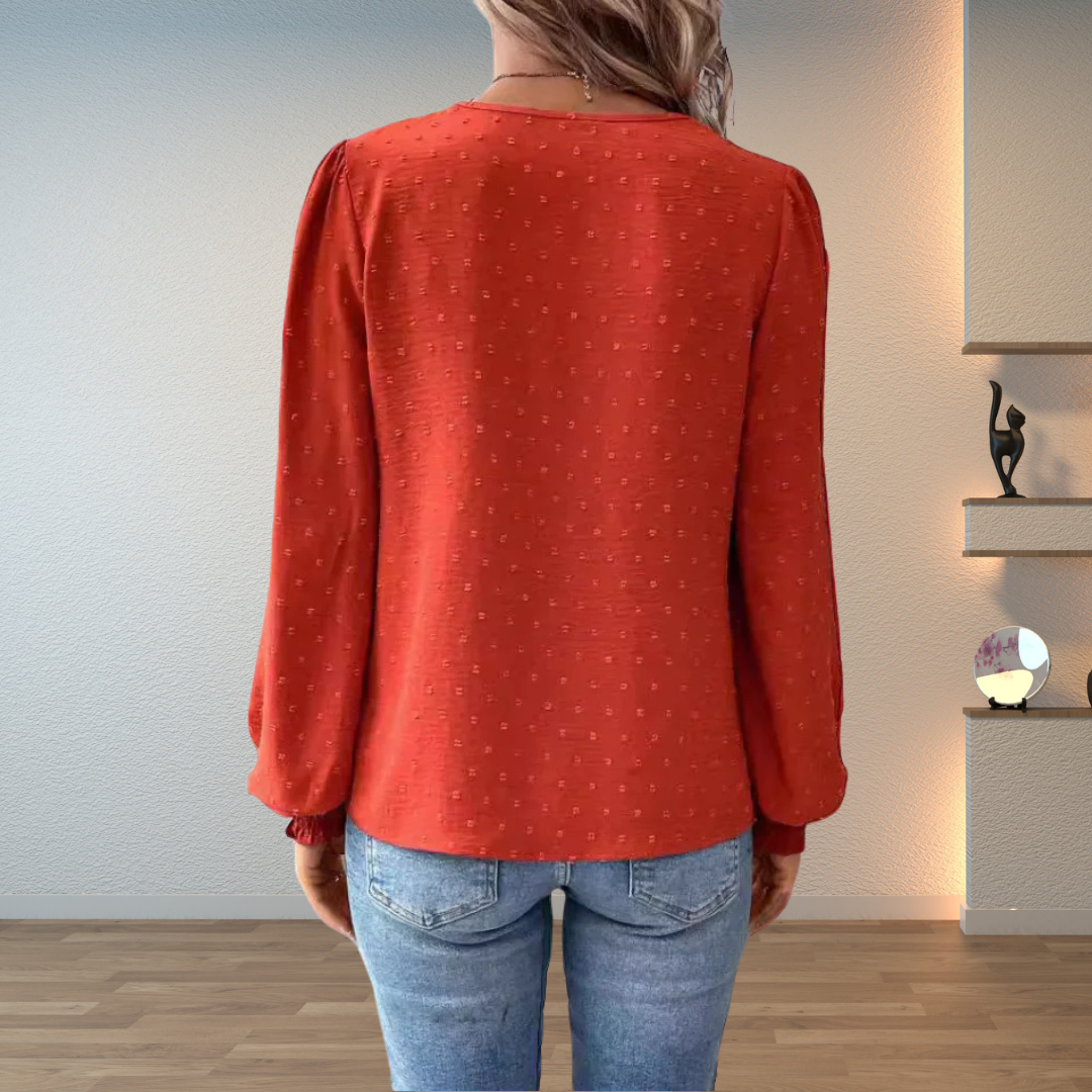 Lace Applique V-Neck Long Sleeve Swiss Dot Blouse 2