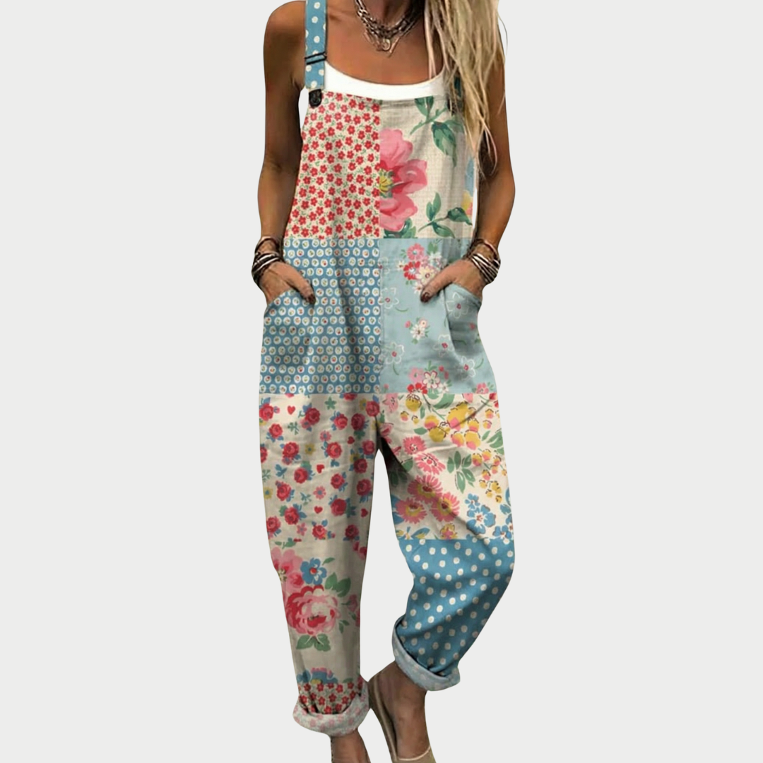 Floral Patchwork Print Wide Strap Overalls Jumpsuit