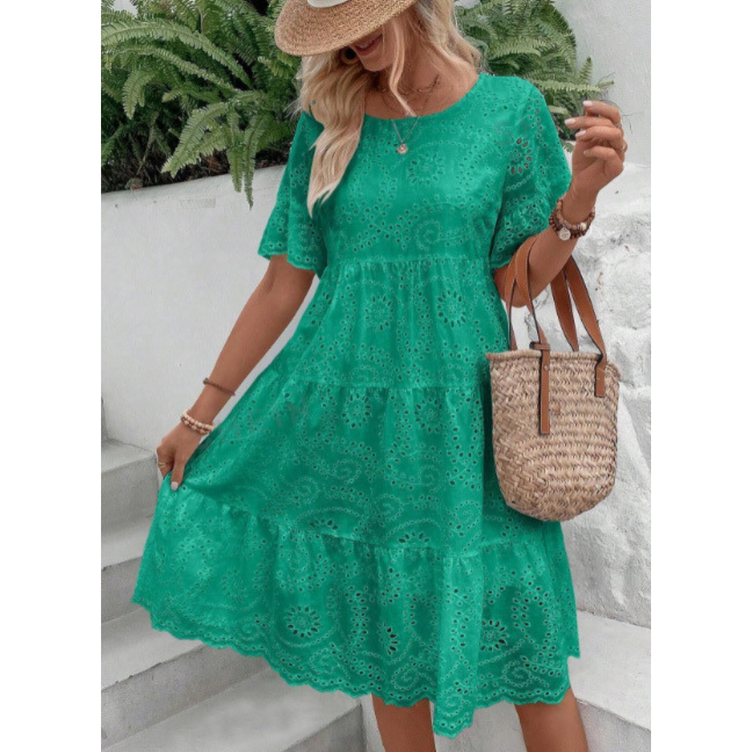 Broderie Eyelet Round Neck Flutter Sleeve Tiered Mini Dress 5