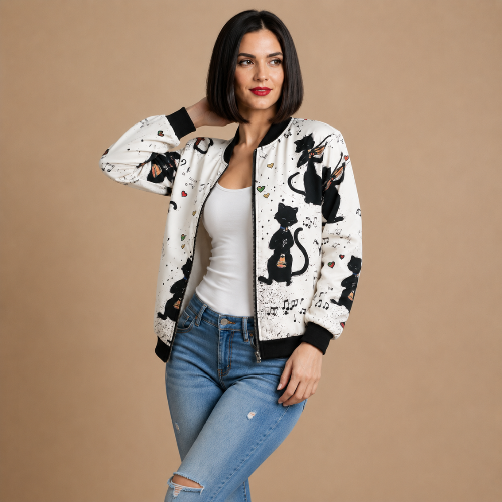 Cat and Music Print Zip Front Bomber Jacket 2