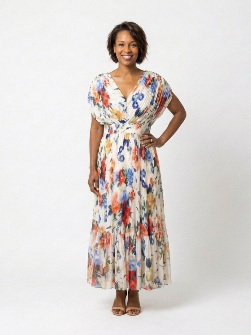 Watercolor Floral V-Neck Pleated Maxi Dress 5
