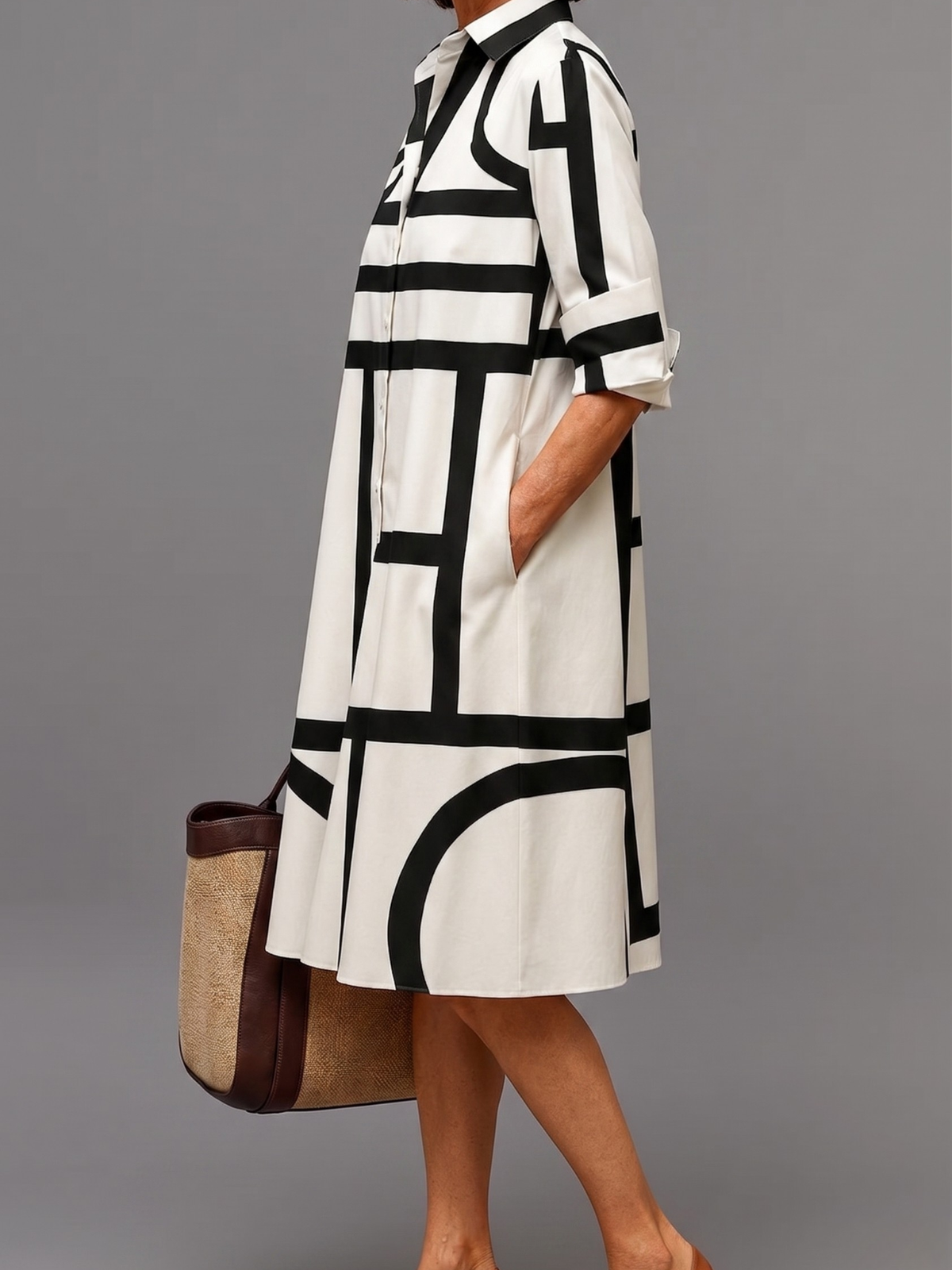 Geometric Print Collared Button Front Shirt Dress 2