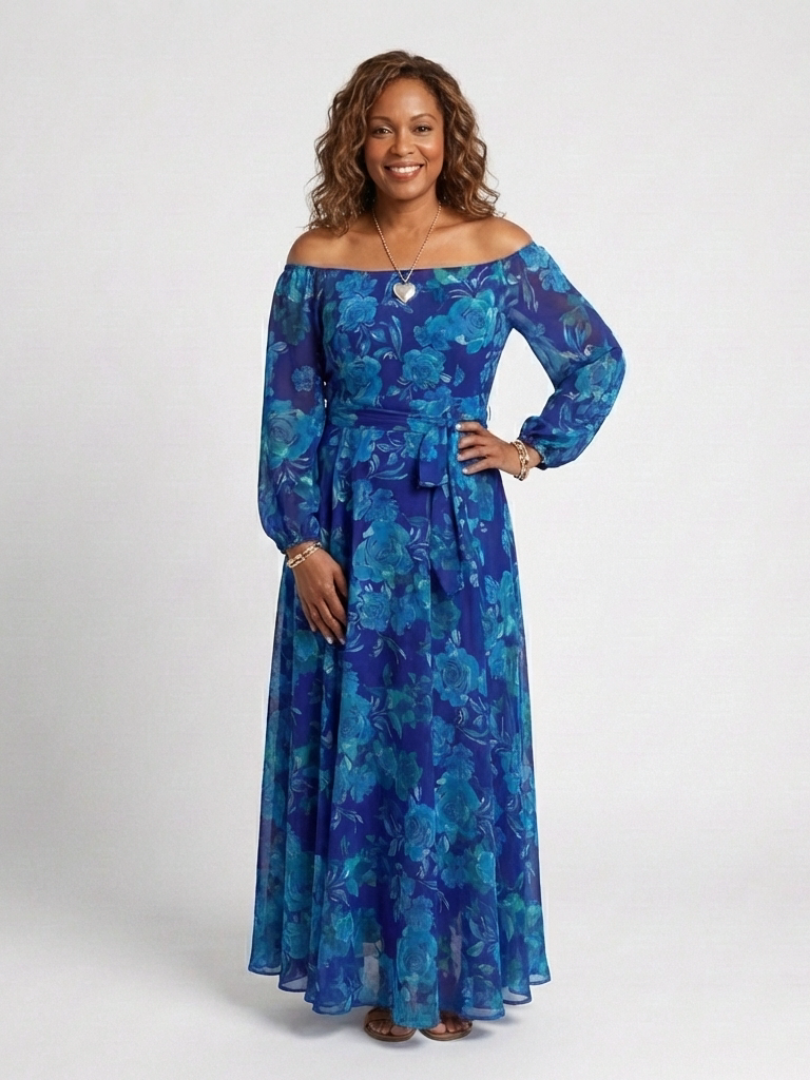 Floral Off Shoulder Long Sleeve Belted Maxi Dress 5