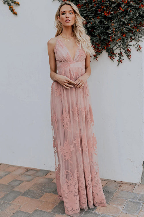 Deep V-Neck Halter Floral Lace Maxi Dress 6