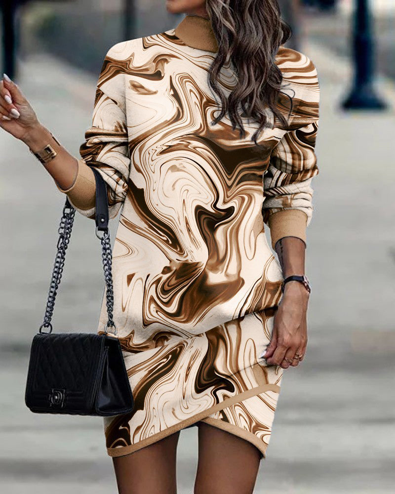 Mock Neck Long Sleeve Geometric Print Wrap Hem Bodycon Mini Dress - View 3