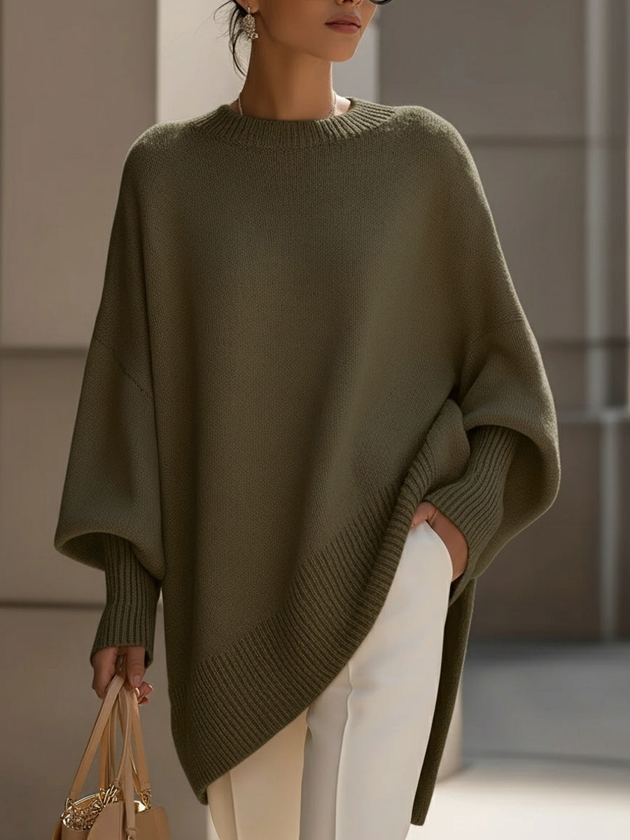 Mock Neck Oversized Asymmetric Hem Ribbed Poncho Sweater 3