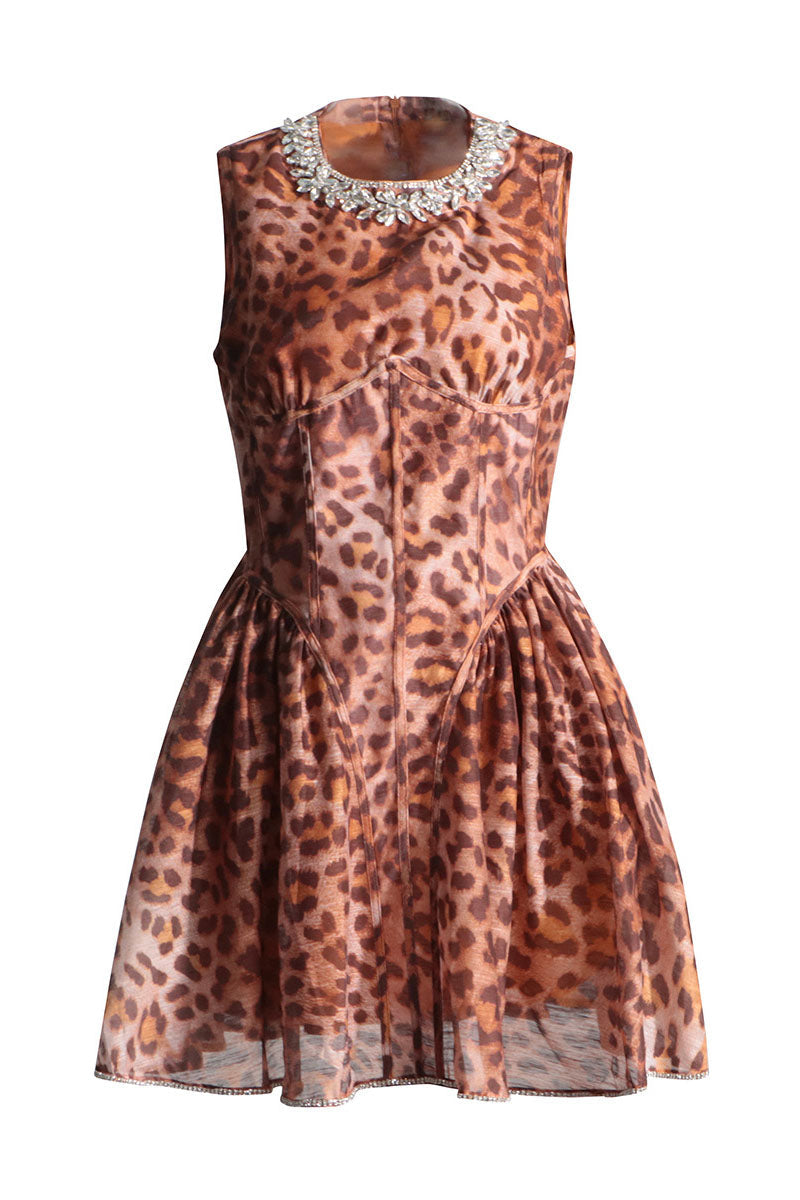 Leopard Print Round Neck Crystal Trim Corset Fit and Flare Mini Dress - View 4
