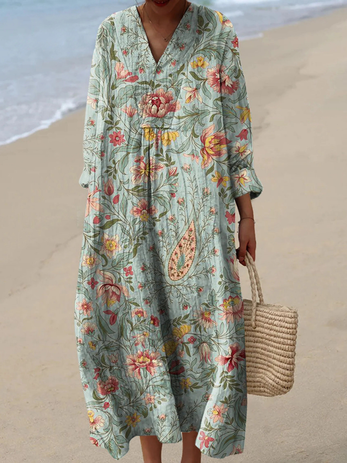 Floral Paisley V-Neck Long Sleeve Kaftan Maxi Dress 3