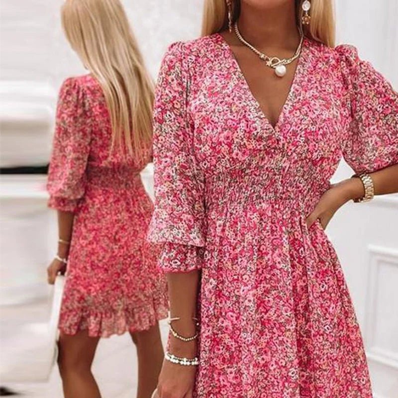 Floral V-Neck Ruffle Cuff Smocked Waist Mini Dress 2