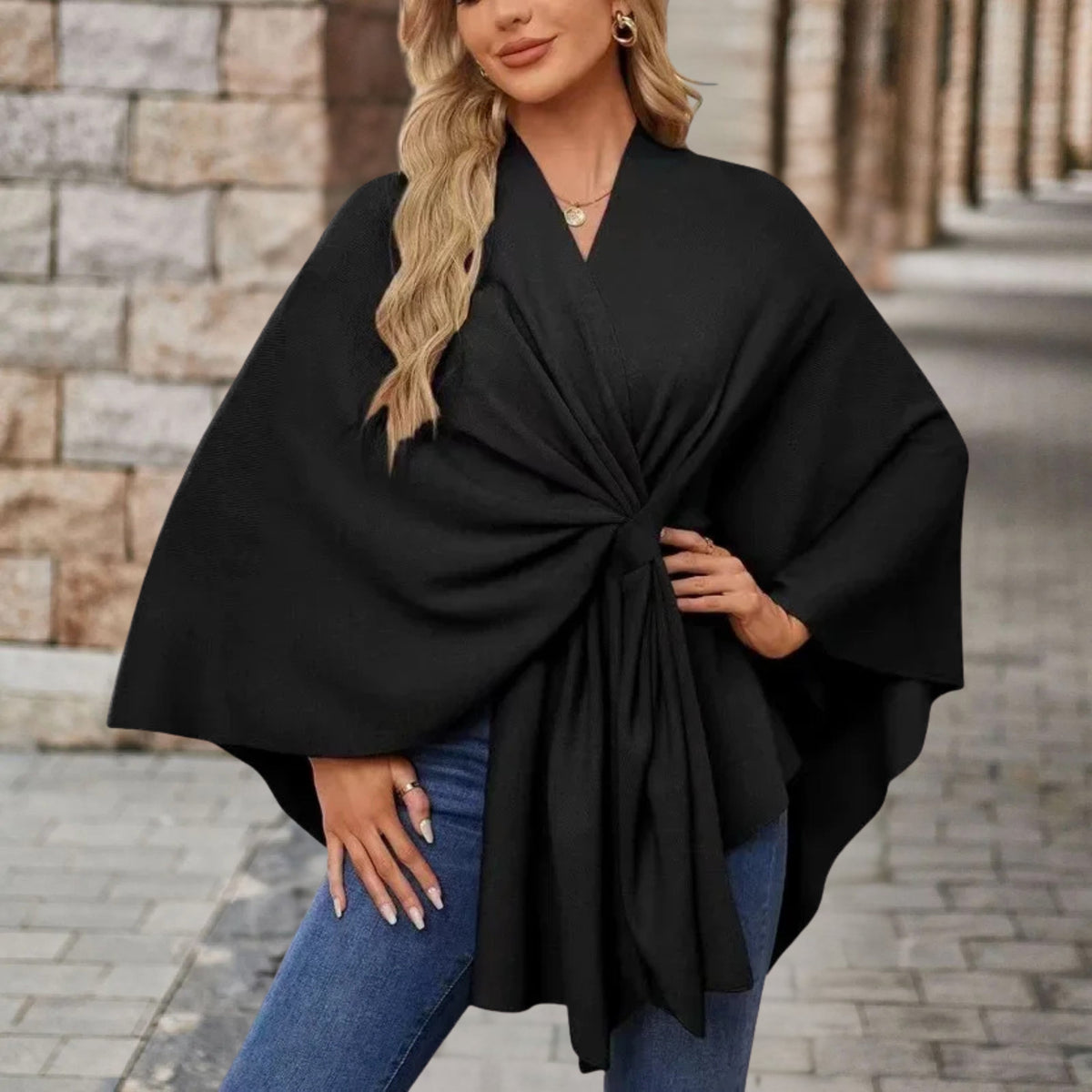 Twist Front Batwing Sleeve Knit Poncho 12