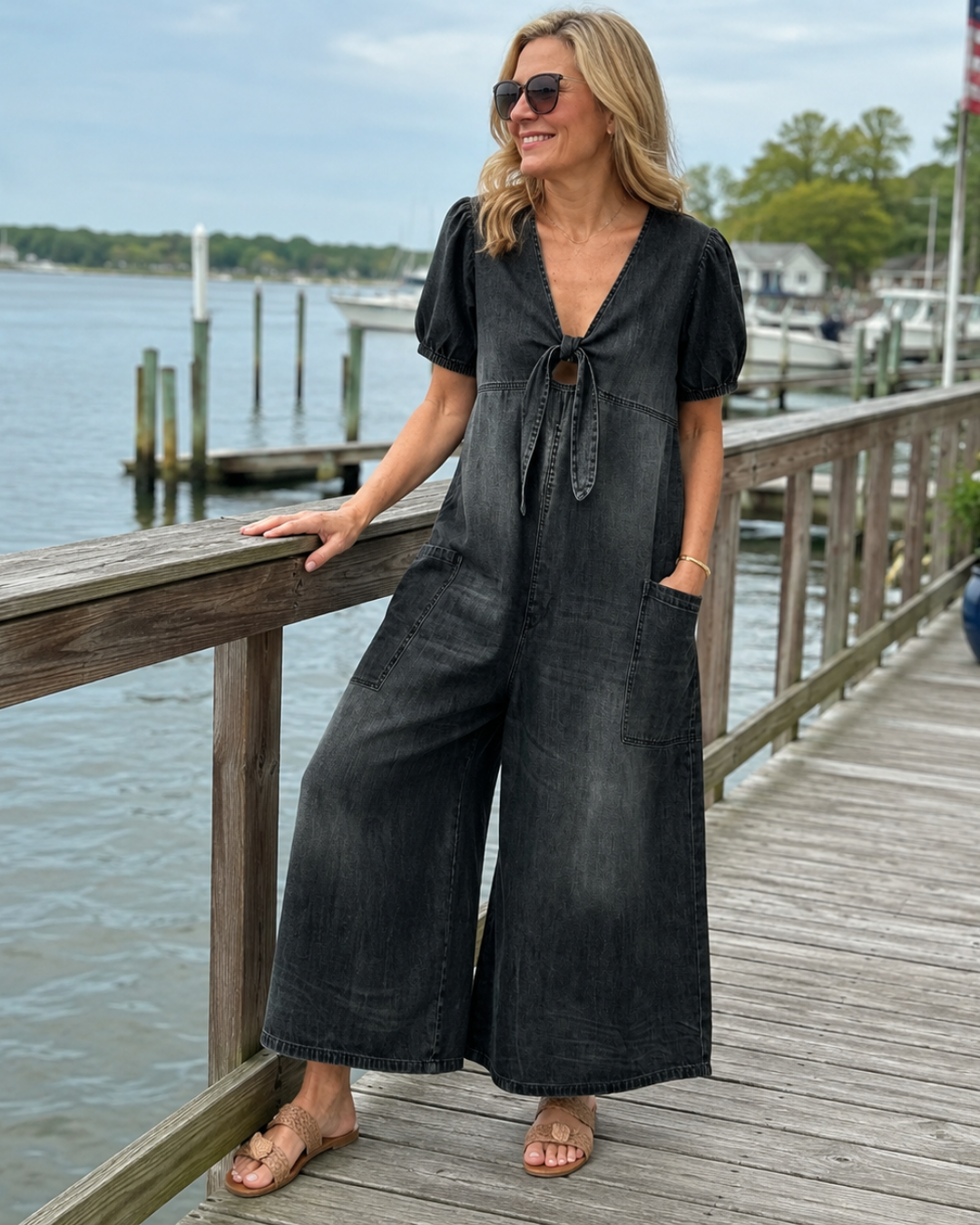 Denim Look Tie Front V-Neck Puff Sleeve Wide Leg Jumpsuit 3