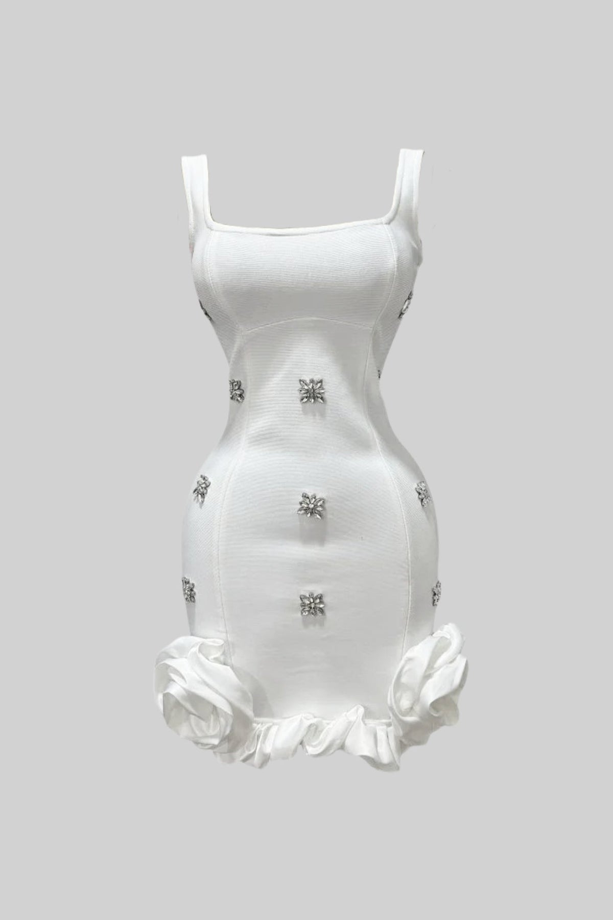 Embellished Bodycon Mini Dress With Crystal Flowers – White - View 2
