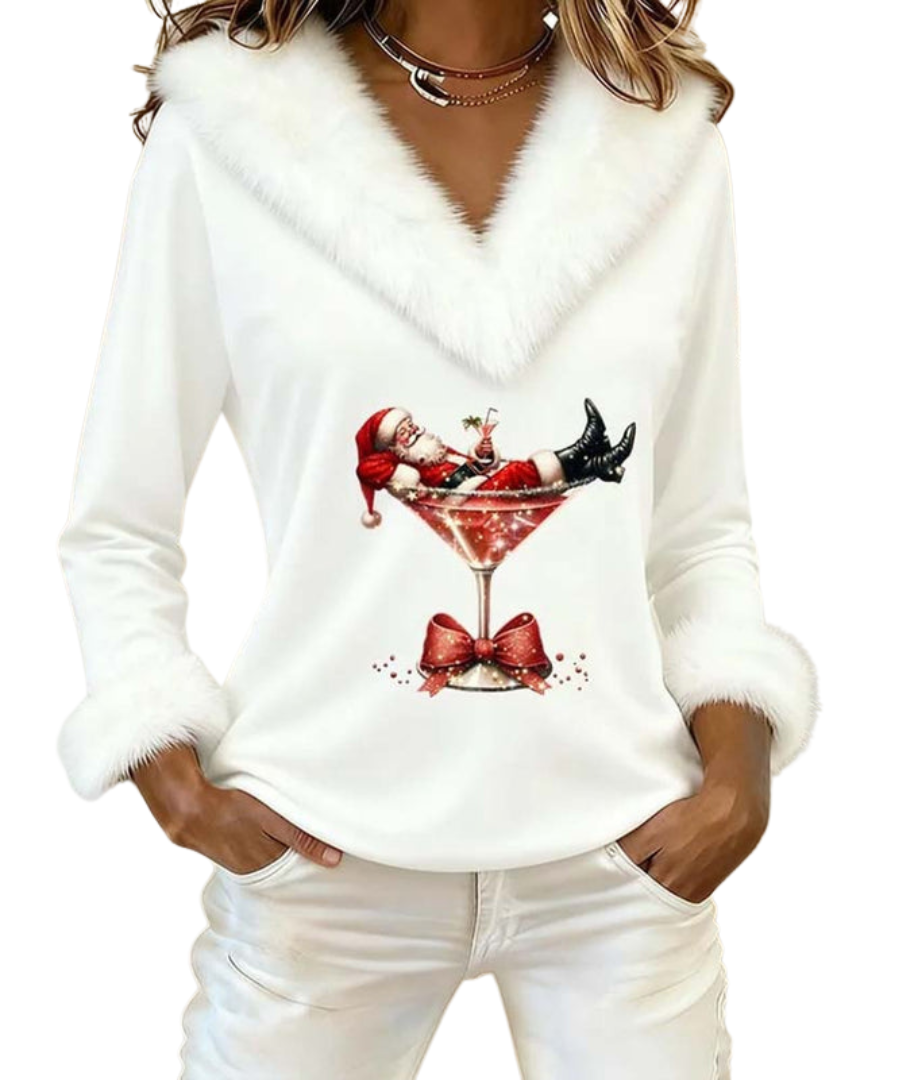 Faux Fur Trim V-Neck Santa Print Long Sleeve Holiday Top 4